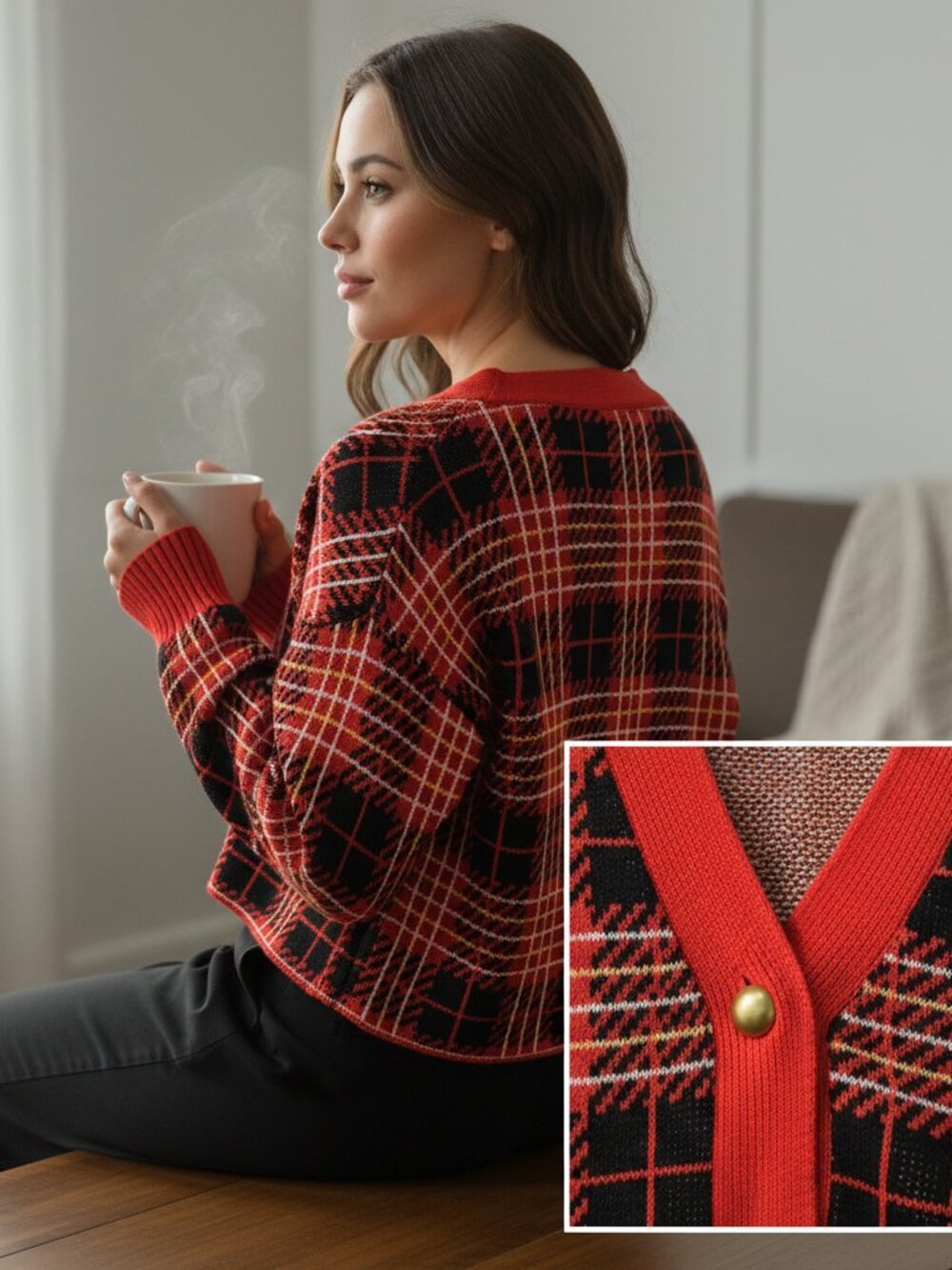 Lovers + Friends Brantley Cropped Plaid Cardigan XS — Red/Black Gold Buttons - Picture 3 of 14